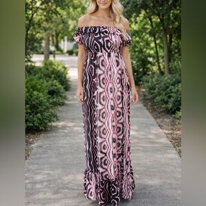 Dots Elegant Off-Shoulder Pink White and Black Maxi Dress Size L